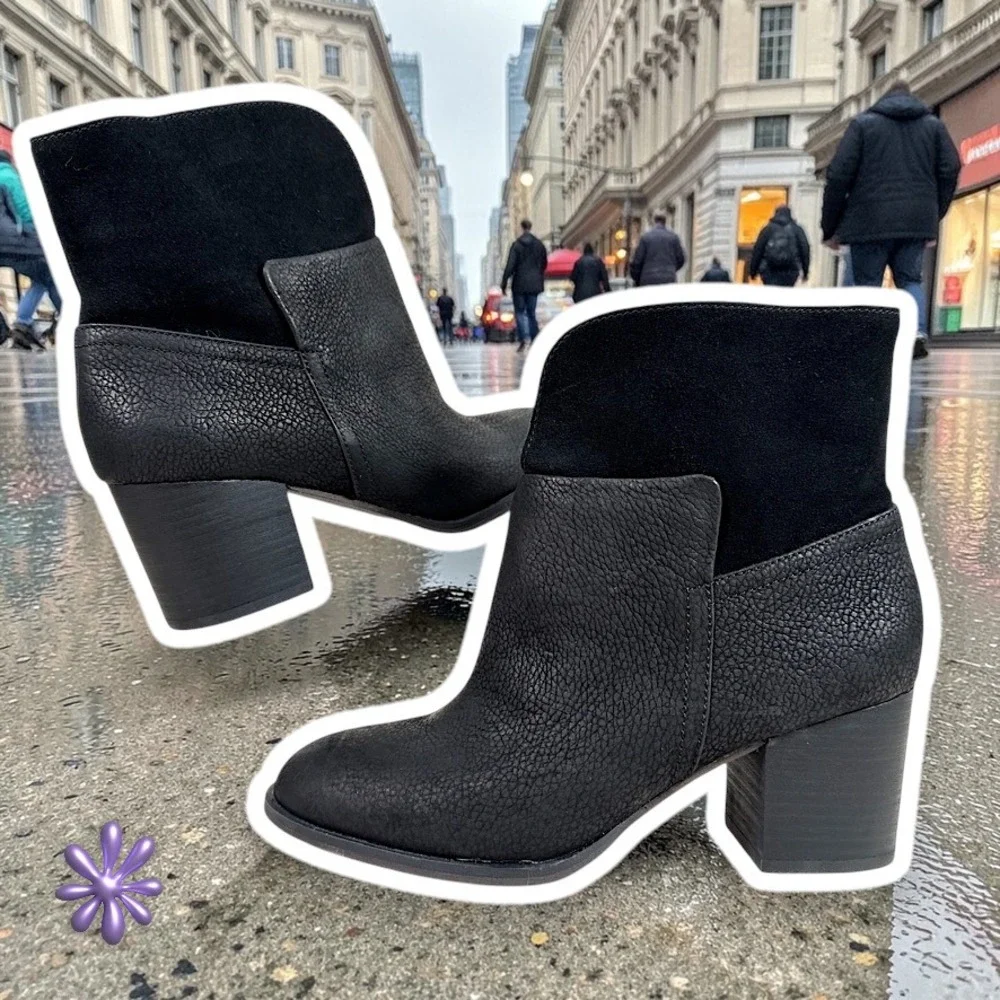 NWOT NINE WEST Dale Block Heel Nubuck Leather Ankle Boots | Black | Women's 7.5‎